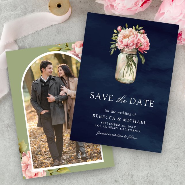 Pink Floral Mason Jar Foto Navy Blue Wedding Save The Date (Von Creator hochgeladen)