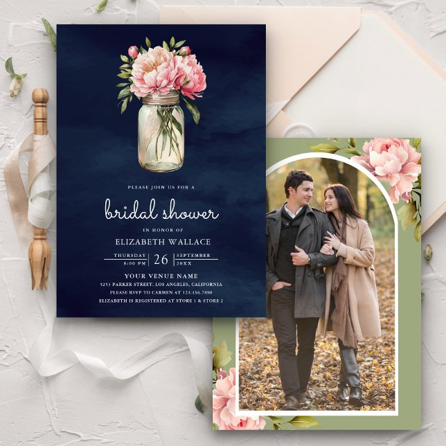 Pink Floral Mason Jar Foto Navy Brautparty Einladung (Von Creator hochgeladen)