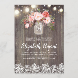 Pink Floral Mason Jar Rustic Lace Birthday Party Einladung