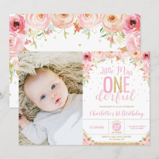 Pink Floral Miss Onederful 1. Geburtstag Foto Einladung