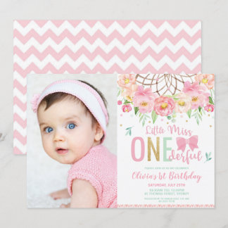 Pink Floral Miss Onederful 1. Geburtstag Foto Einladung