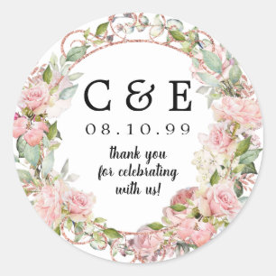 Pink Floral Mit Monogramm Wedding Danke Runder Aufkleber