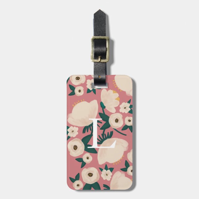 Pink Floral Monogram Chic Gepäckanhänger (Vorderseite vertikal)