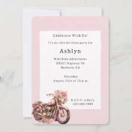 Pink Floral Motorcycle Birthday   Einladung