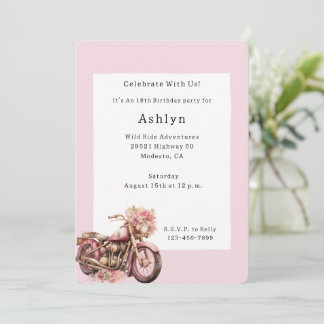 Pink Floral Motorcycle Birthday Einladung