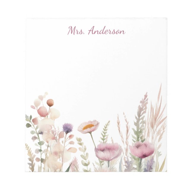 Pink Floral Name Teacher Notizblock (Vorderseite)