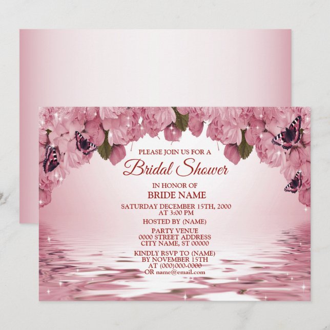 Pink Floral Nature Butterfly Outdoor Bridal Shower Einladung (Vorne/Hinten)