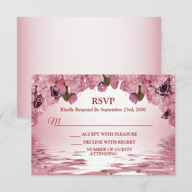 Pink Floral Nature Butterfly Outdoor Wedding Party RSVP Karte (Vorne/Hinten)