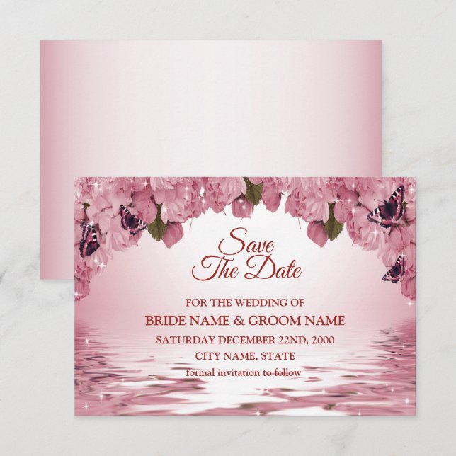 Pink Floral Nature Butterfly Outdoor Wedding Save The Date (Vorne/Hinten)