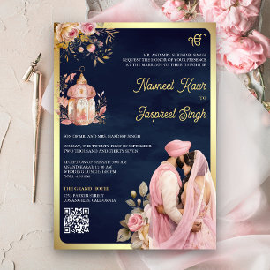 Pink Floral Navy QR Code Anand Karaj Sikh Wedding Einladung