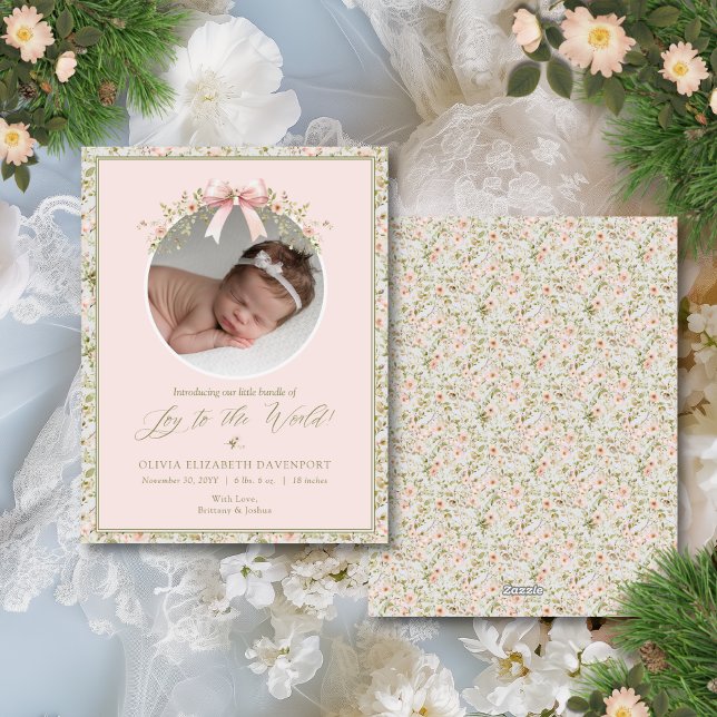 Pink Floral Neugeborenes Foto Weihnachten (This feminine Christmas card birth announcement is perfect for welcoming a baby girl at the holidays)