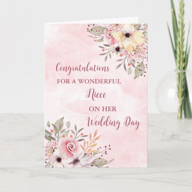 Pink Floral Niece Hochzeitstag Herzlichen Glückwun Karte (Vorderseite)