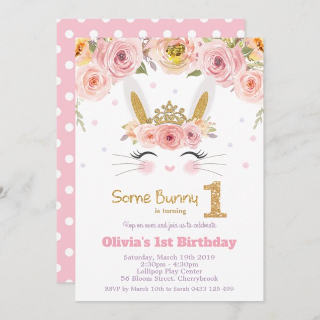 Pink Floral Niedlich Bunny Rabbit 1. Geburtstag Einladung (Vorne/Hinten)