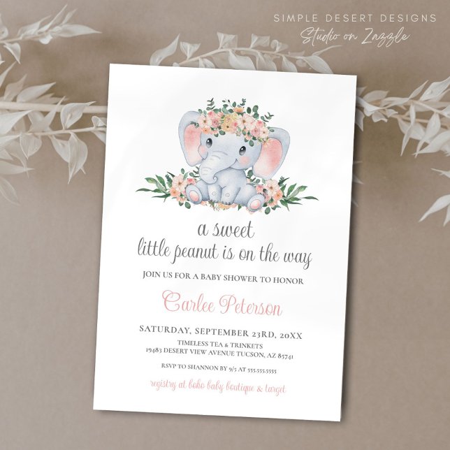 Pink Floral Niedlich Elephant Baby Girl Babydusche Einladung (Pink Floral Boho Elephant Baby Shower Invitation with Calligraphy Script on White Background)