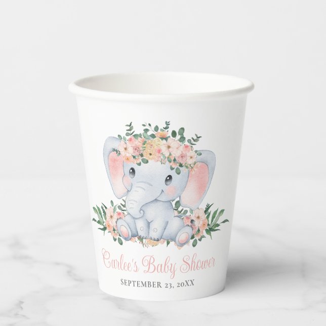 Pink Floral Niedlich Elephant Baby Girl Babydusche Pappbecher (Vorderseite)