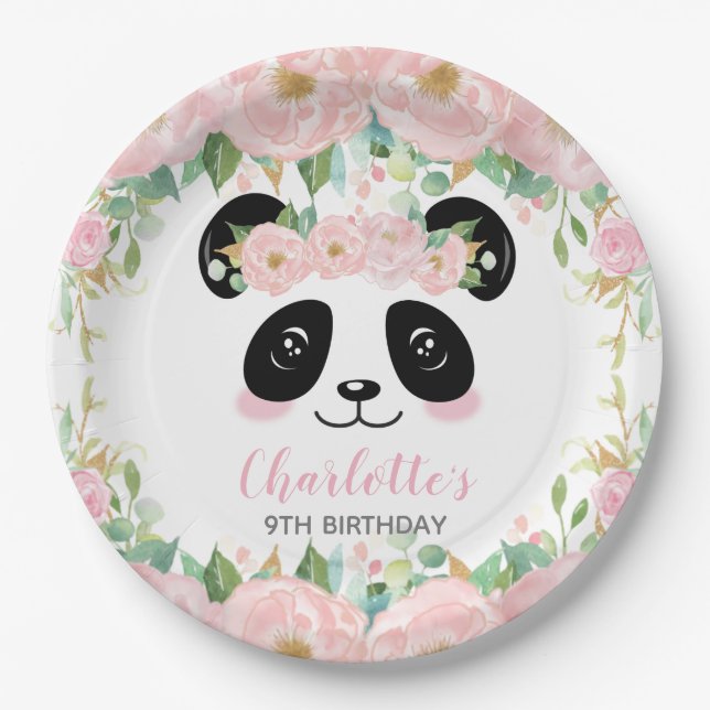 Pink Floral Niedlich Panda Birthday Baby Party Pappteller (Vorderseite)