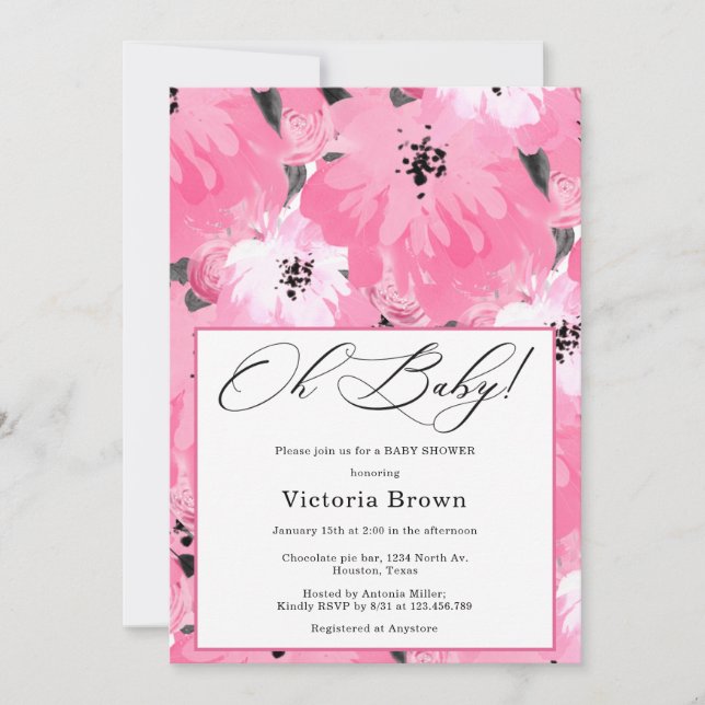 Pink Floral Oh Baby Shower Invitation Einladung (Vorderseite)