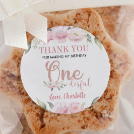 Pink Floral Onederful Labels Birthday Baby Dusche Runder Aufkleber