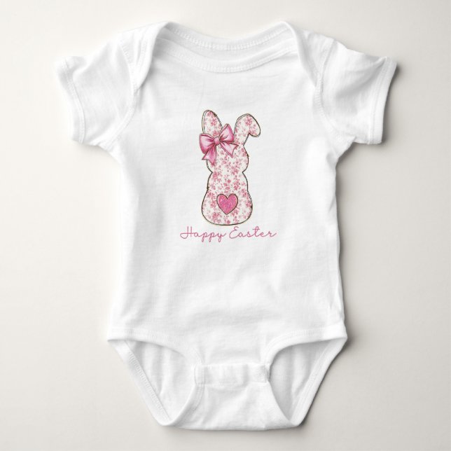 Pink Floral Ostern Bunny Coquette Bow Baby Strampler (Vorderseite)