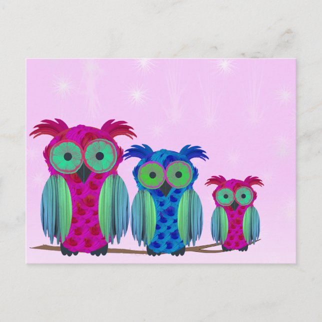 Pink Floral Owls Postkarte (Vorderseite)
