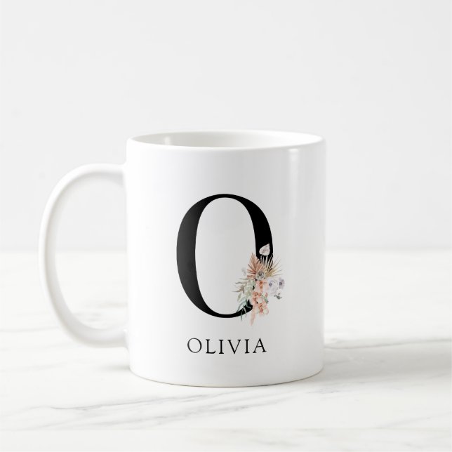 Pink Floral Palmetto Blätter Aquarellfarben Monogr Kaffeetasse (Links)