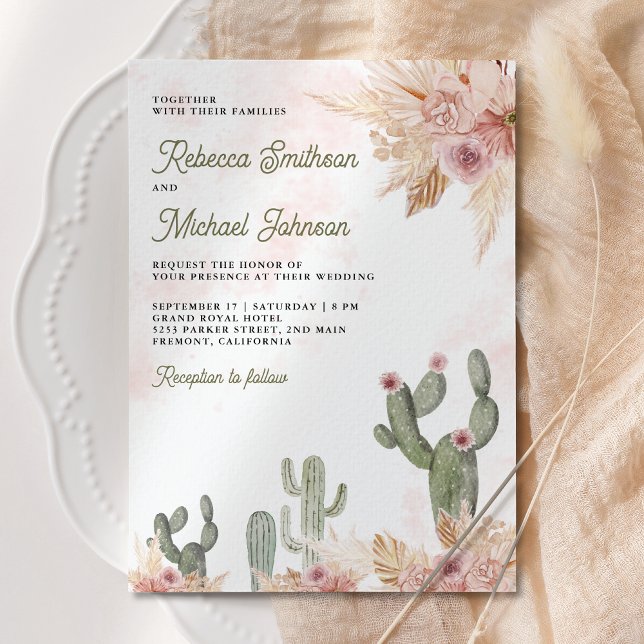 Pink Floral Pampas Cactus QR Foto Wedding Einladung (Von Creator hochgeladen)
