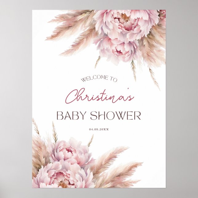 Pink Floral Pampas Grass Girl Babydusche Herzlich  Poster (Vorne)