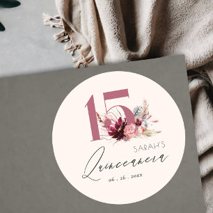 Pink Floral Pampas Grass Quinceanera 15. Geburtsta Runder Aufkleber