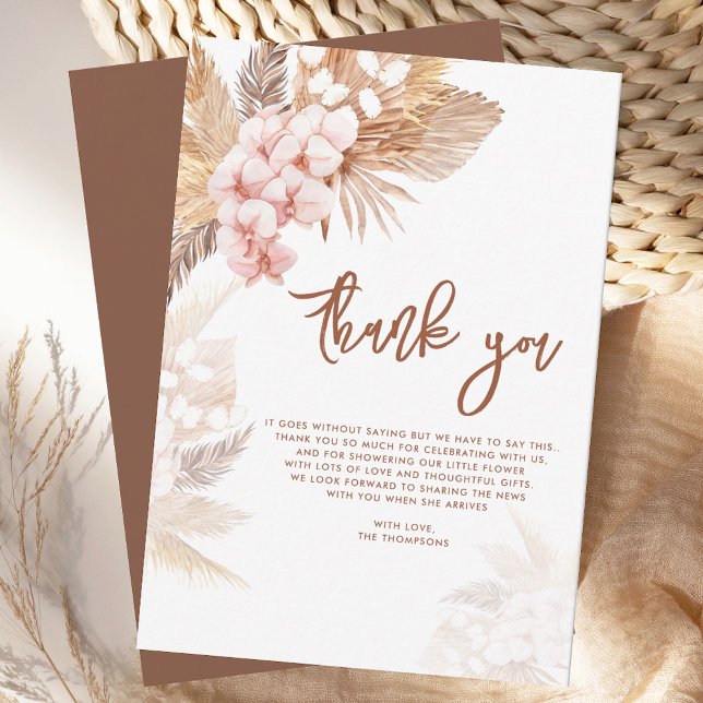 Pink Floral Pampas Grass Script Baby Dusche Dankeskarte (Baby Shower Script Pampas Grass Terracotta Thank You Card)