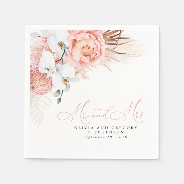 Pink Floral Pampas Grass Wedding Napkins Serviette (Vorderseite)