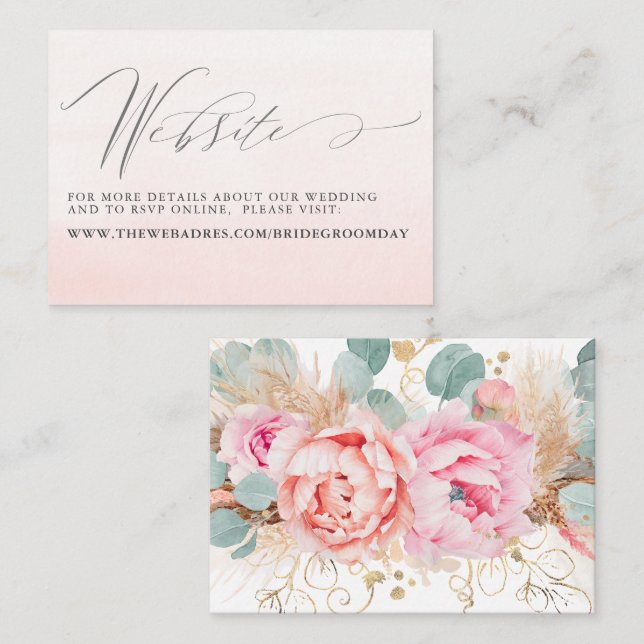 Pink Floral Pampas Grass Wedding Website Card Visitenkarte (Vorne/Hinten)