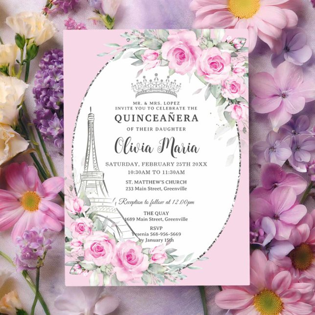 Pink Floral Paris Schmetterlinge Quinceañera Süß 1 Einladung (Von Creator hochgeladen)