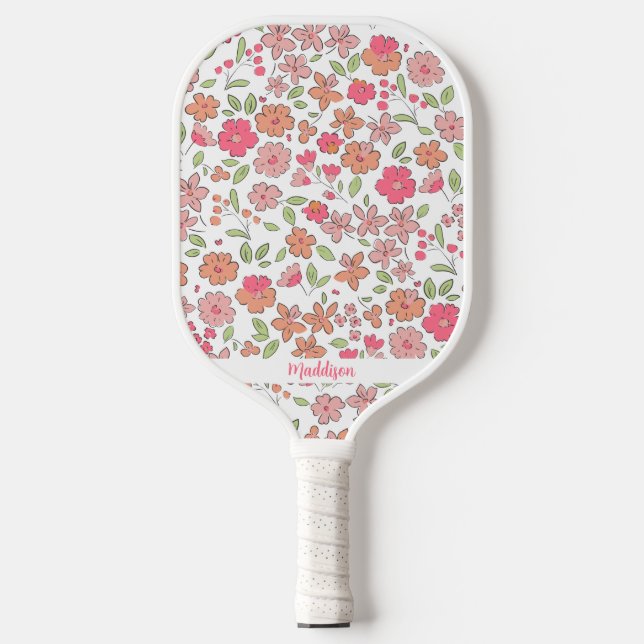 Pink Floral Pattern Personalized Name Cute Pickleball Schläger (Vorderseite)