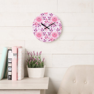 Pink Floral Pattern  with Elegant Blossoms Große Wanduhr
