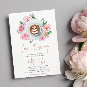 Pink Floral Peony "Love is Brewing" Bridal Brunch Einladung