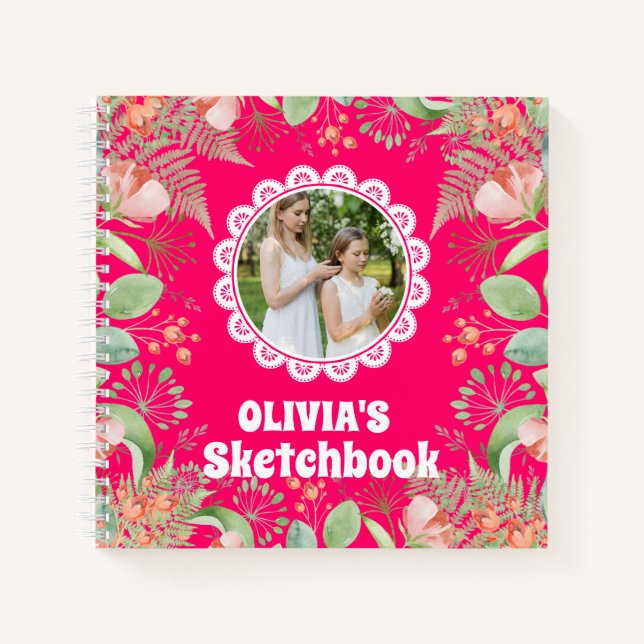 Pink Floral Personalisiert Kids Foto Sketchbook Notizbuch (Vorderseite)