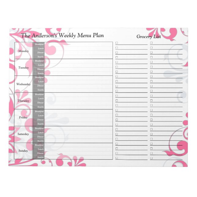 Pink Floral Personalisiertes Menü Plan Notepad Notizblock (Vorderseite)