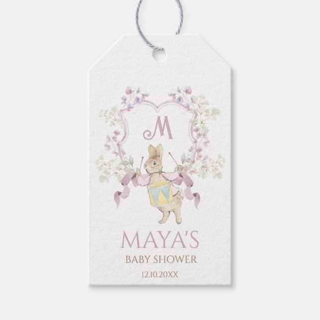 Pink Floral Peter die Rabbit Monogram Babydusche Geschenkanhänger (Vorderseite)