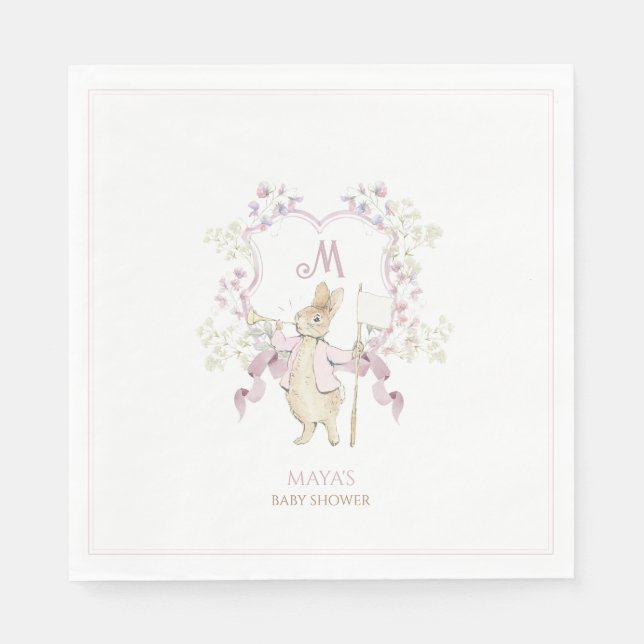 Pink Floral Peter die Rabbit Monogram Babydusche Serviette (Vorderseite)