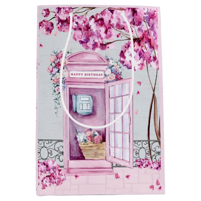 Pink Floral Phone Booth Mittlere Geschenktüte (Vorderseite)