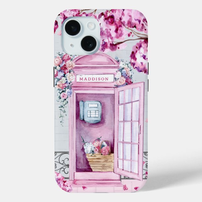 Pink Floral Phone Booth Personalisiert Case-Mate iPhone Hülle (Rückseite)