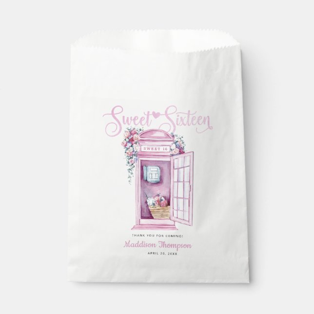 Pink Floral Phone Booth | Süß 16 Geschenktütchen (Vorderseite)