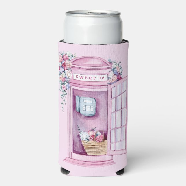 Pink Floral Phone Booth | Süß 16 Selters Dosenkühler (Seltzer Vorderseite)