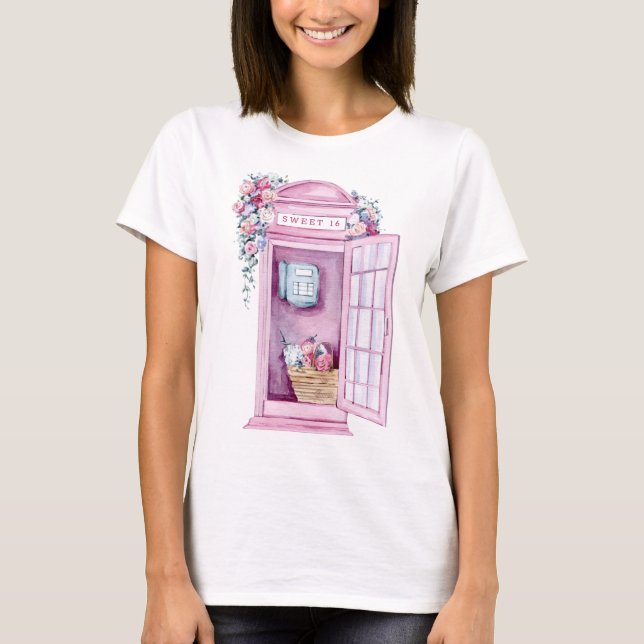 Pink Floral Phone Booth | Süß 16 T-Shirt (Vorderseite)