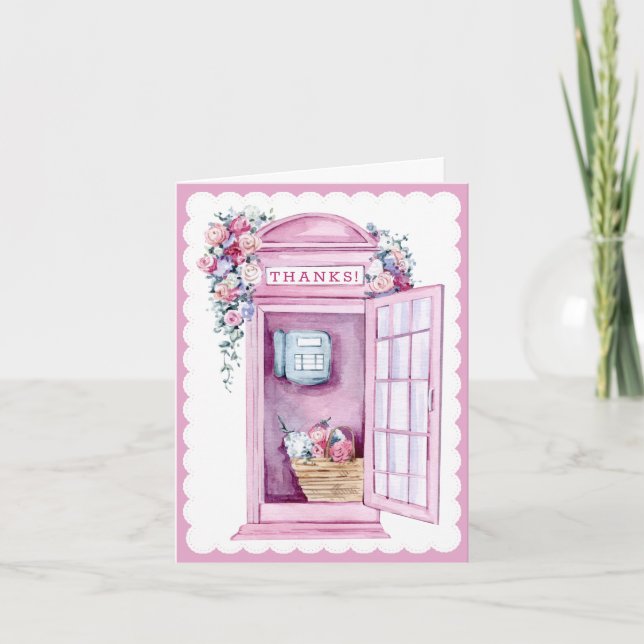 Pink Floral Phone Booth | Vielen Dank Dankeskarte (Vorderseite)