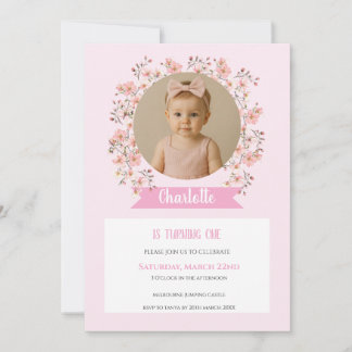 Pink Floral Photo Birthday Invitation for Girl Einladung