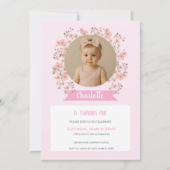Pink Floral Photo Birthday Invitation for Girl Einladung (Vorderseite)