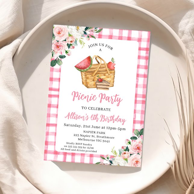 Pink Floral Picnic Basket Picnic Geburtstag Einladung (Boho Pink Floral Picnic Birthday Invitation, Pink Gingham Picnic Party Birthday Invite, Basket)