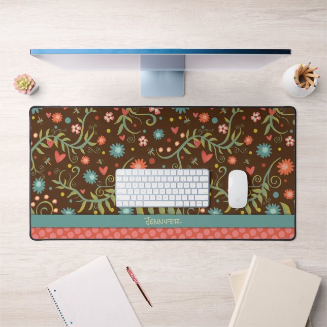 Pink Floral Polka Dot Muster Boho Name Zitat Schreibtischunterlage (Büro 1)