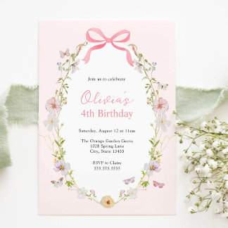 Pink Floral Pretty Bow Birthday Invitation Einladung